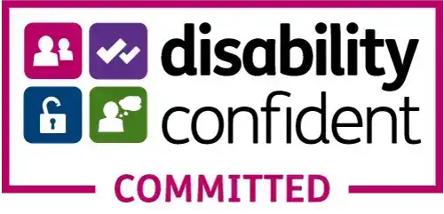 Alt text: Disability Confident Committed logo featuring icons for inclusion, accessibility, and support on a white background.